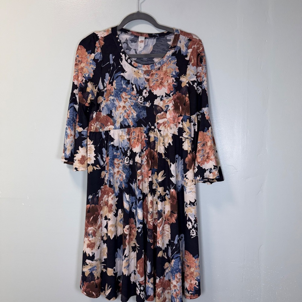 Jules & James Floral Boho Babydoll Dress Navy Rust Blue Bell Sleeve Empire Waist